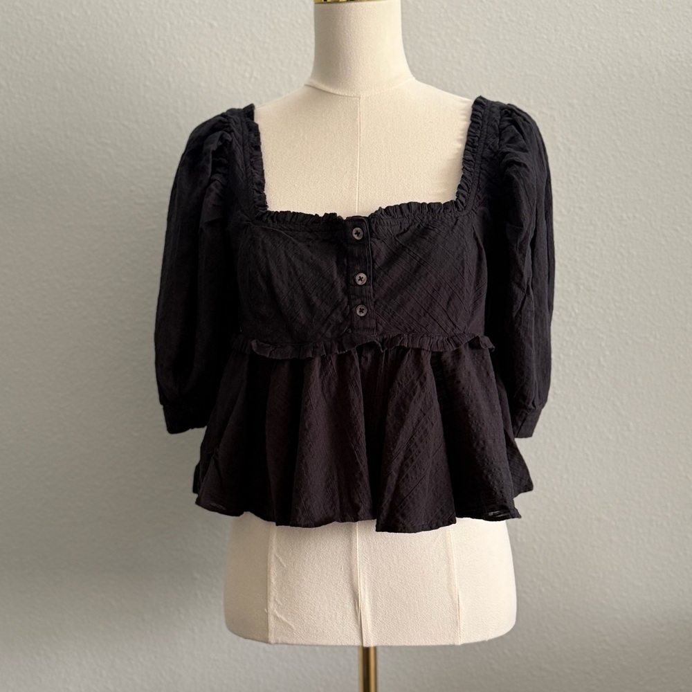 Free People Black Smocked Peplum Blouse | Puff Sleeve Cotton Top Small